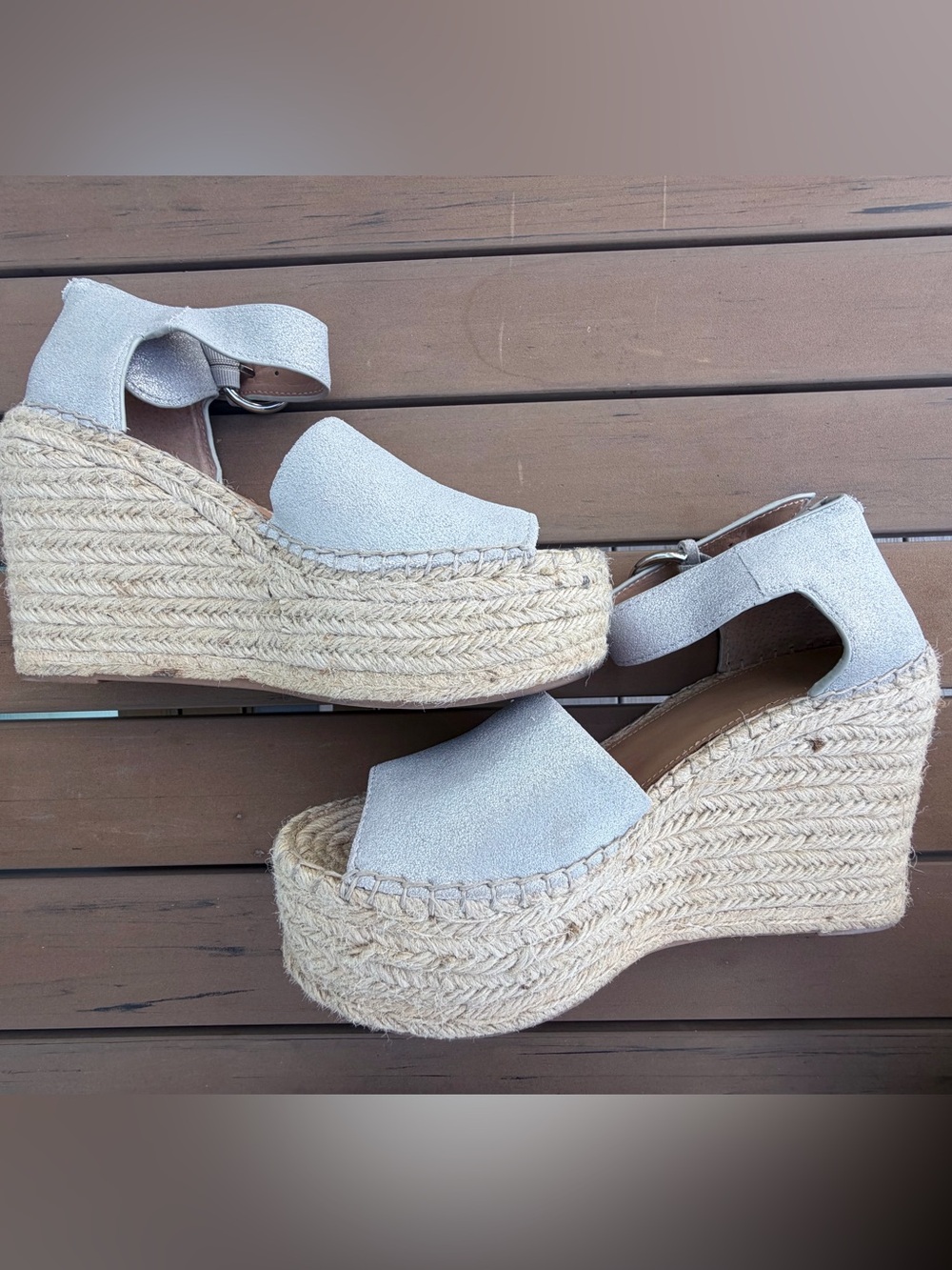 Marc Fisher Metallic Silver Espadrille Wedge Sandals